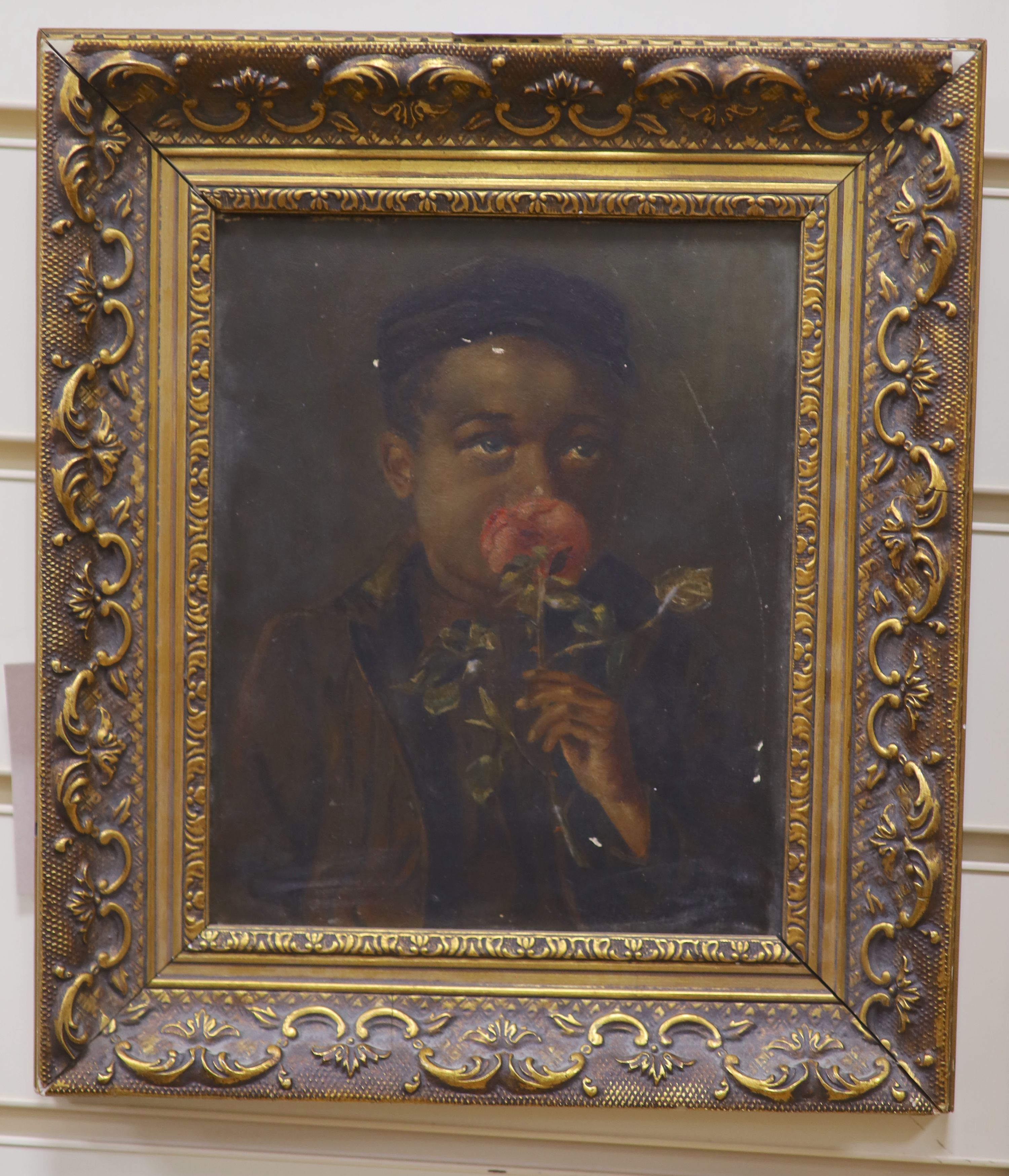 20th century, oil on board, boy with rose, Continental
